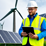 **Prompt:** A confident, forward-thinking eco-engineer or sustainability consultant stands in a bright, modern setting where cutting-edge green technology seamlessly integrates with natural elements. In the background, sleek solar panels and graceful wind turbines generate clean energy, while a professional holds a tablet displaying complex environmental data or a blueprint for a sustainable urban project. The scene is infused with optimism and innovation, reflecting the convergence of technology, economy, and sustainable development. The aesthetic is clean, high-tech, and aspirational, showcasing a prosperous, green future.