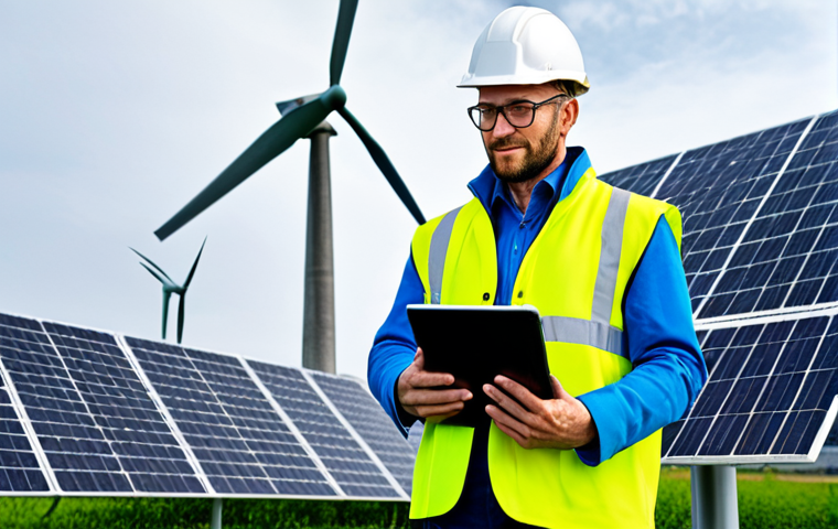 **Prompt:** A confident, forward-thinking eco-engineer or sustainability consultant stands in a bright, modern setting where cutting-edge green technology seamlessly integrates with natural elements. In the background, sleek solar panels and graceful wind turbines generate clean energy, while a professional holds a tablet displaying complex environmental data or a blueprint for a sustainable urban project. The scene is infused with optimism and innovation, reflecting the convergence of technology, economy, and sustainable development. The aesthetic is clean, high-tech, and aspirational, showcasing a prosperous, green future.