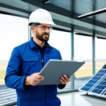 A professional male engineer in a modest work suit, standing confidently in a bright, modern renewable energy power plant. Sleek solar panels and wind turbines are visible in the background through large windows. He is holding a digital tablet, looking at blueprints or data, showcasing clean technology and a sustainable future. Fully clothed, appropriate attire, safe for work, professional, perfect anatomy, correct proportions, natural pose, well-formed hands, proper finger count, natural body proportions, high quality, detailed, realistic photography.