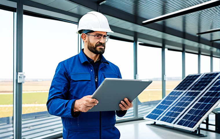 A professional male engineer in a modest work suit, standing confidently in a bright, modern renewable energy power plant. Sleek solar panels and wind turbines are visible in the background through large windows. He is holding a digital tablet, looking at blueprints or data, showcasing clean technology and a sustainable future. Fully clothed, appropriate attire, safe for work, professional, perfect anatomy, correct proportions, natural pose, well-formed hands, proper finger count, natural body proportions, high quality, detailed, realistic photography.