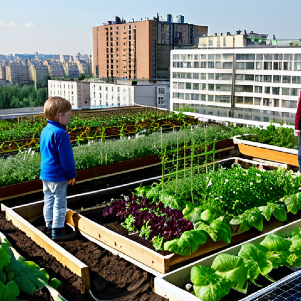 Sustainable Urban Farming in Russia**

"A thriving rooftop garden atop a modern apartment building in Moscow, Russia. Lush vegetables, herbs, and flowers grow in raised beds. Solar panels are visible in the background. Fully clothed people are tending to the garden, interacting with children. Safe for work, appropriate content, fully clothed, family-friendly, professional photography, perfect anatomy, natural proportions, high quality."

**