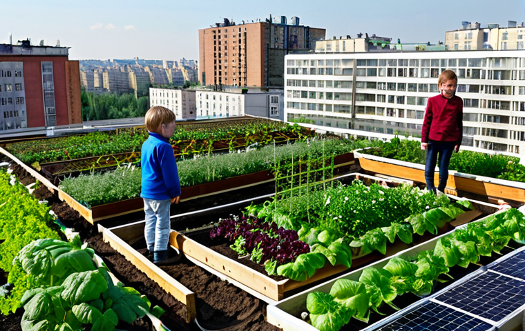 Sustainable Urban Farming in Russia**

"A thriving rooftop garden atop a modern apartment building in Moscow, Russia. Lush vegetables, herbs, and flowers grow in raised beds. Solar panels are visible in the background. Fully clothed people are tending to the garden, interacting with children. Safe for work, appropriate content, fully clothed, family-friendly, professional photography, perfect anatomy, natural proportions, high quality."

**