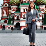 **

A professional businesswoman in Moscow, wearing a stylish, tailored grey pantsuit with a modest blouse, standing in front of the St. Basil's Cathedral.  She is holding a briefcase and smiling confidently.  Bright, overcast daylight. Perfect anatomy, correct proportions, well-formed hands, natural pose, appropriate attire, fully clothed, safe for work, professional, family-friendly, high quality.

**