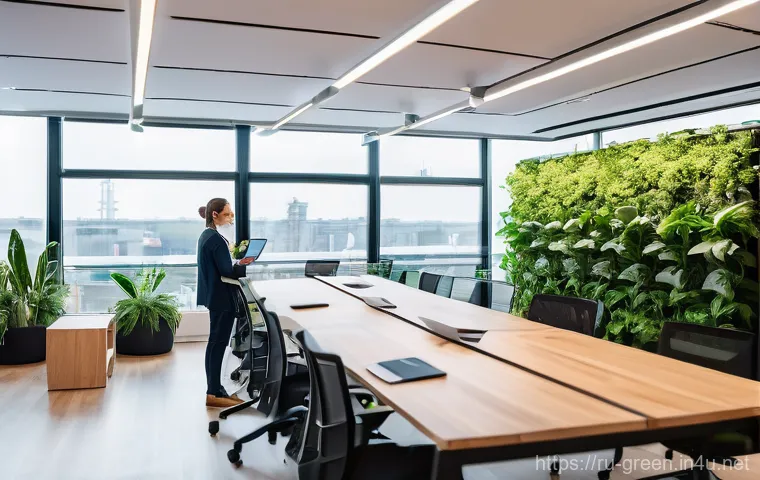 녹색산업 자격증 시험을 준비하는 법 - **Green Innovation Hub:** A modern, brightly lit interior of an innovation lab or co-working space d...