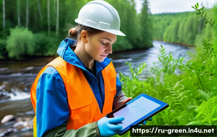 녹색산업 직무별 연봉 - A professional environmental scientist in Russia conducting fieldwork in a forested area near a rive...